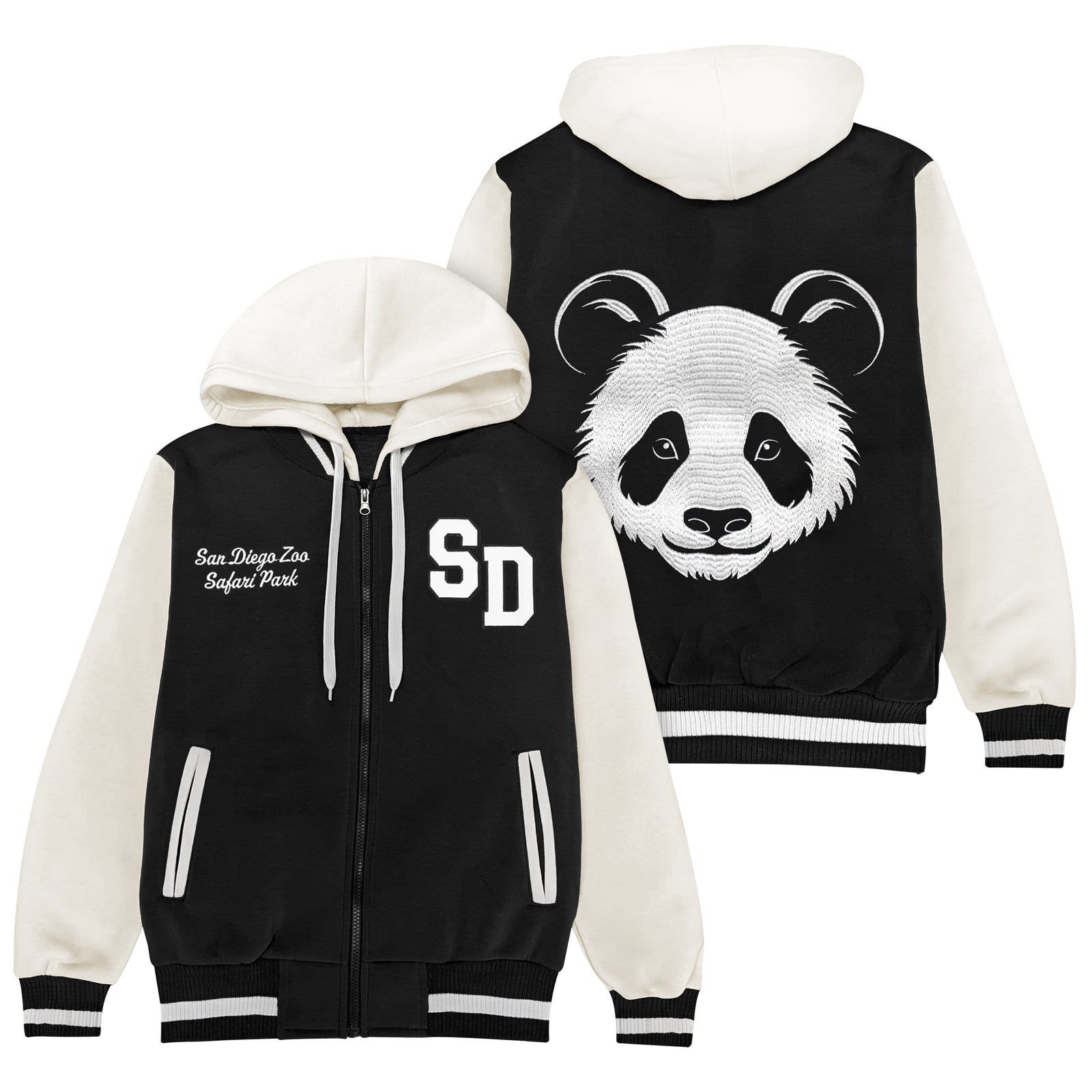 ADULT EMBROIDERED PANDA FACE SD VARSITY JACKET HOODED LETTERMANS