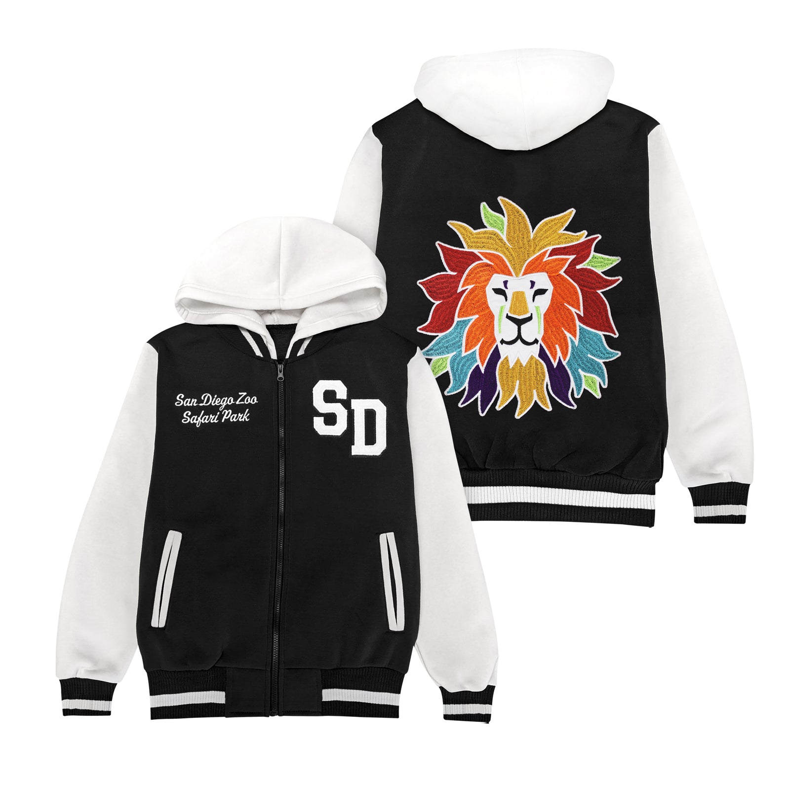 EMBROIDERED COLORFUL LION VARSITY HOODED JACKET KIDS YOUTH 