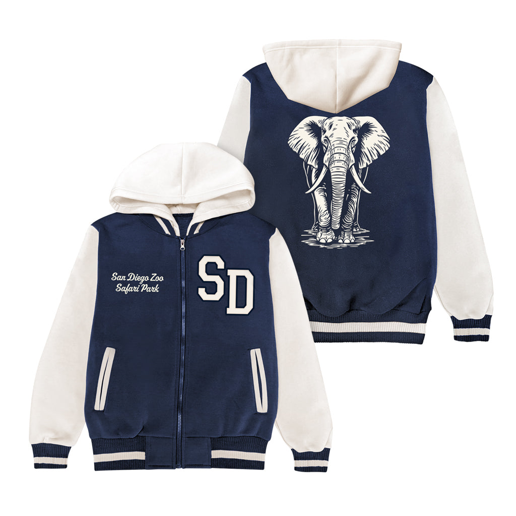 AFRICAN ELEPHANT EMBROIDERED KIDS NAVY AND CREAM VARSITY JACKET SAN DIEGO ZOO SAFARI PARK
