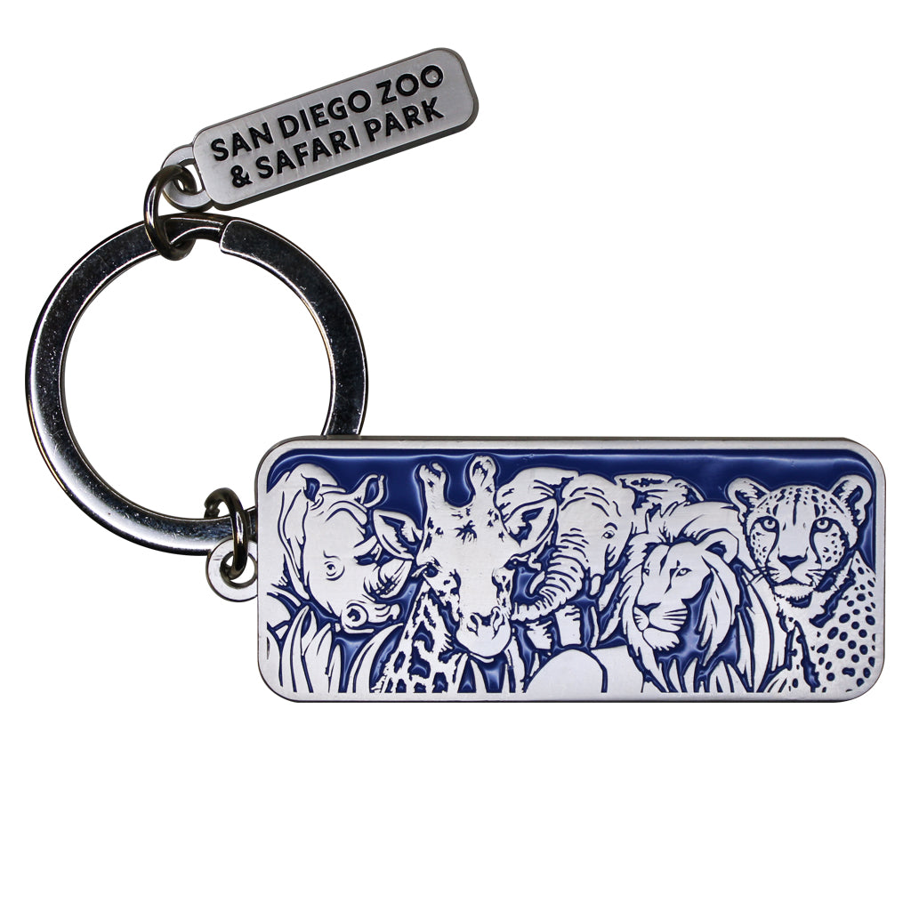 ETCHED METAL KEYCHAIN FAVE 5 RHINO GIRAFFE ELEPHANT LION AND CHEETAH SDZSP
