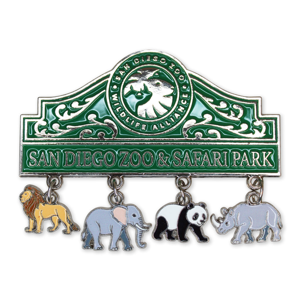SDZWA Wildlife Charms Magnet with green San Diego Zoo &amp; Safari Park signage featuring dangling lion, elephant, giant panda, and rhino charms.