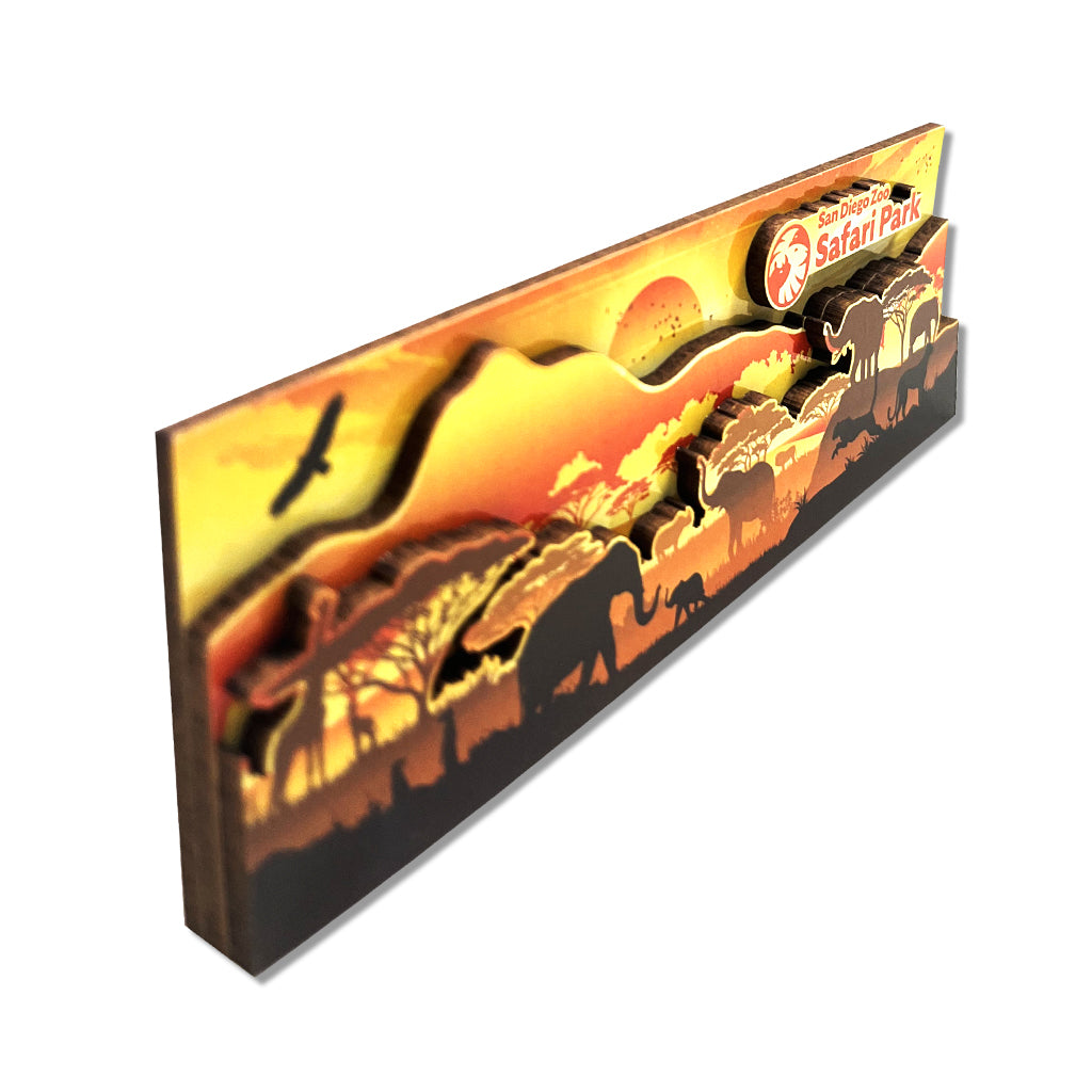 Side view of San Diego Zoo Safari Park Savanna Trilevel Magnet with African Wildlife and sunset design