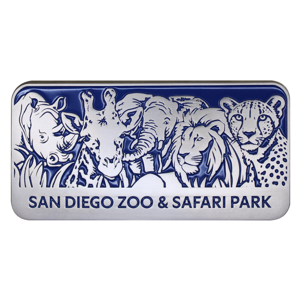 ETCHED INDIGO BLUE ENAMEL NAD METAL FAVE 5 MAGNET RHINO GIRAFFE, ELEPHANT, LION AND CHEETAH SDZSP