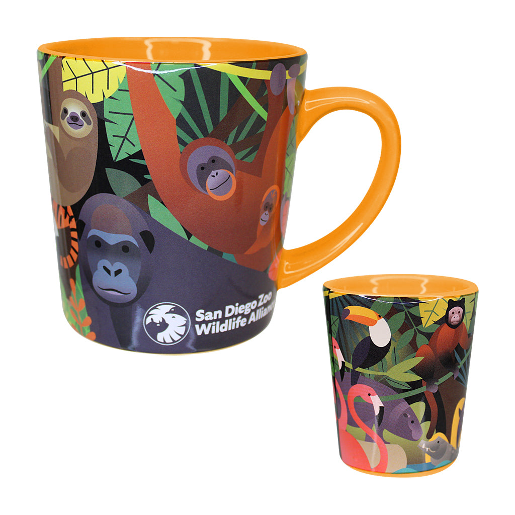 Colorful mug and shot glass with rainforest wildlife design with San Diego Zoo Wildlife Alliance logo.
