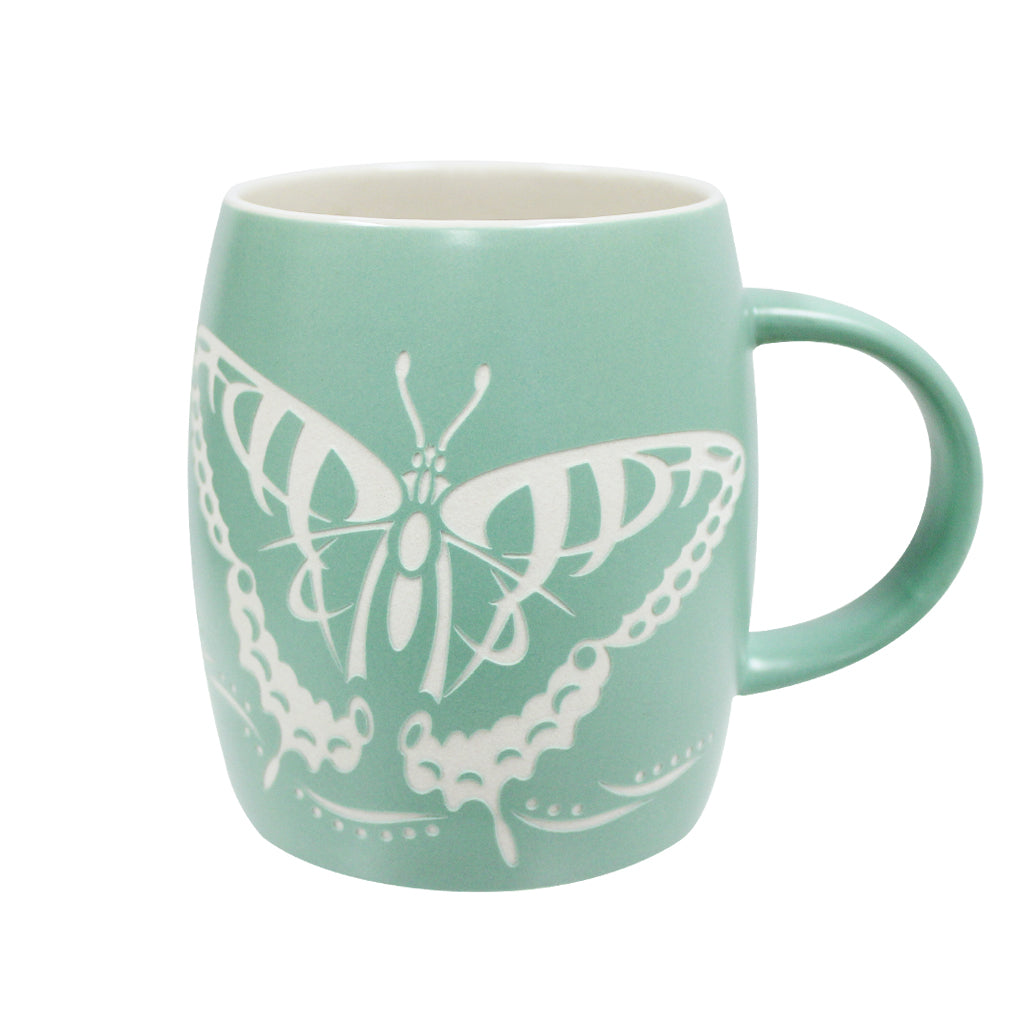 etched ceramic butterfly jungle mug mint green 