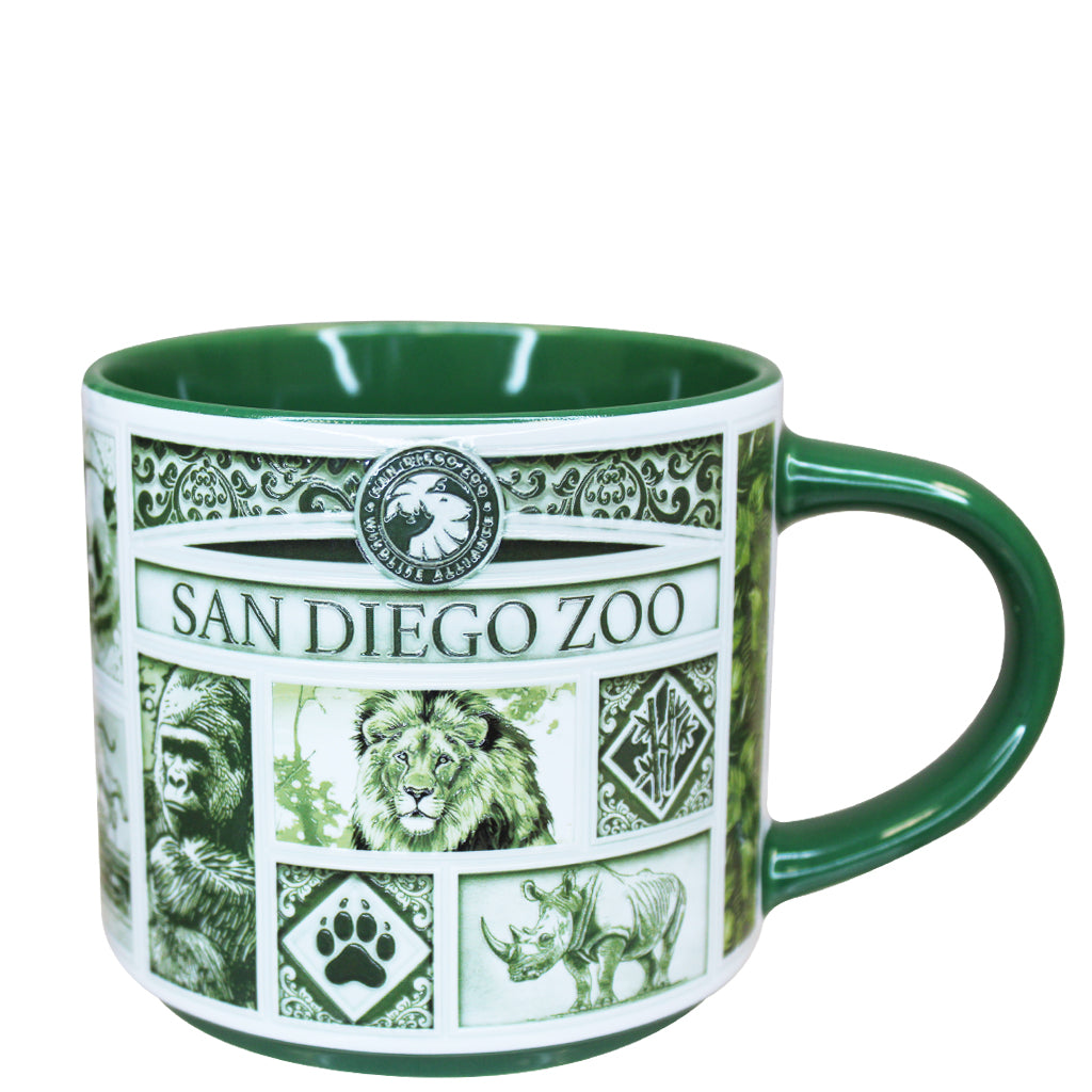 A green Delft-style ceramic San Diego Zoo & Safari Park mug featuring animal illustrations and the San Diego Zoo logo, shown on a plain white background.
