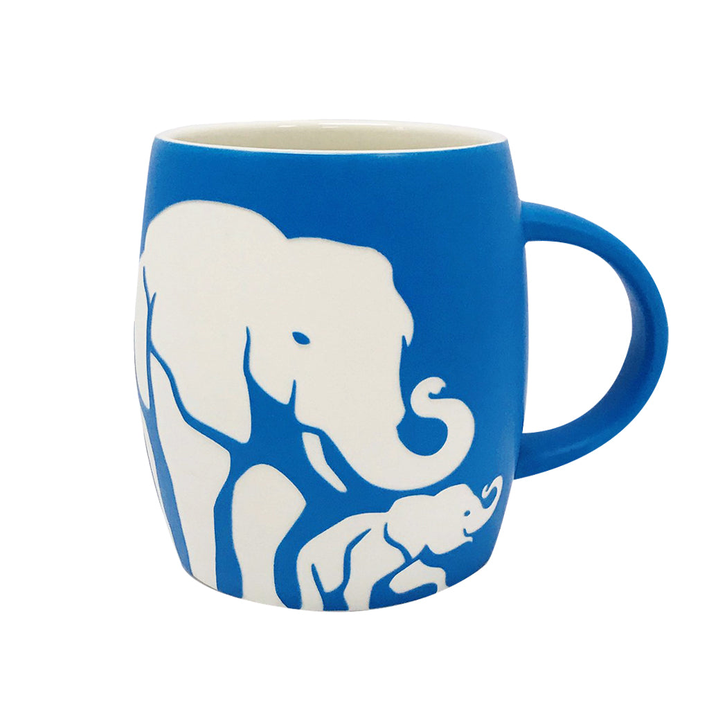 COFFEE MUG AFRICAN ELEPHANT AND BABY MATTE BLUE ETCHED 