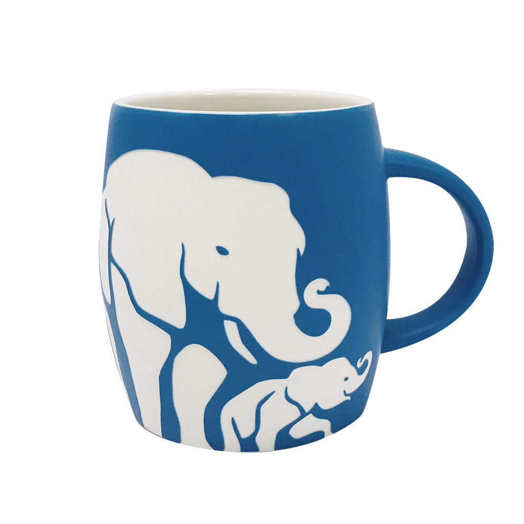 COFFEE MUG AFRICAN ELEPHANT AND BABY MATTE BLUE ETCHED 