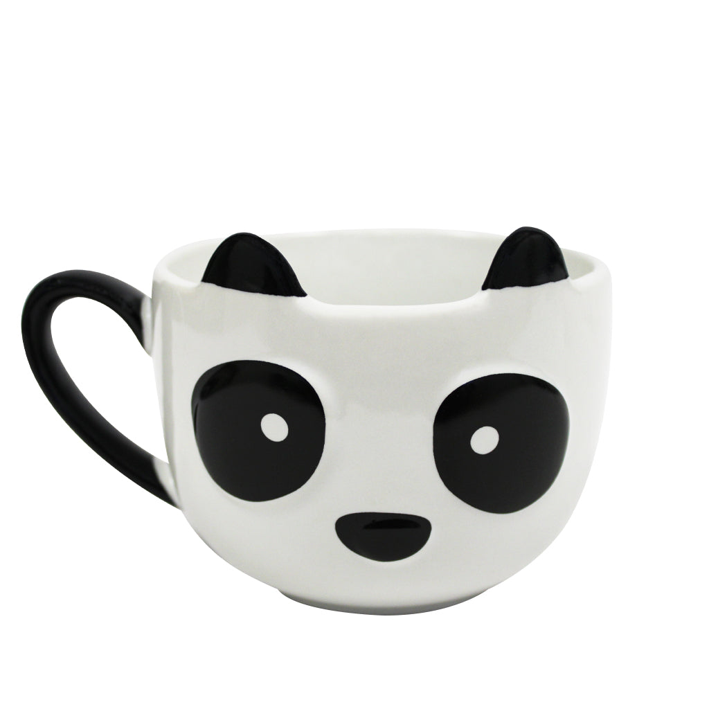 EMBOSSED PANDA FACE MUG WITH EARS ON RIM GLOSSY CERAMIC