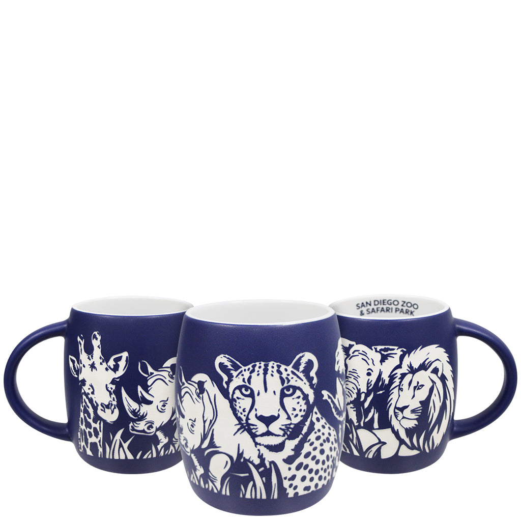 Fave 5 African Savanna Wildlife Etched Mug featuring a giraffe, rhino, cheetah, elephant, and lion.