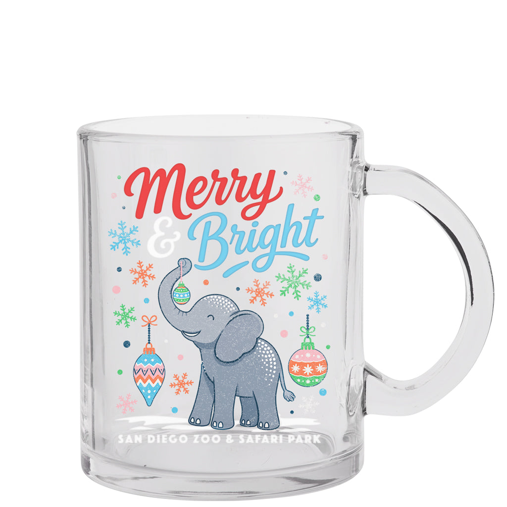 CLEAR GLASS 15 OUNCE MUG WITH MERRY &amp; BRIGHT ELEPHANT ARTWORK FOR THE SAN DIEGO ZOO &amp; SAFARI PARK WITH CHRISTMAS ORNAMENTS AND COLORFUL SNOWFLAKES