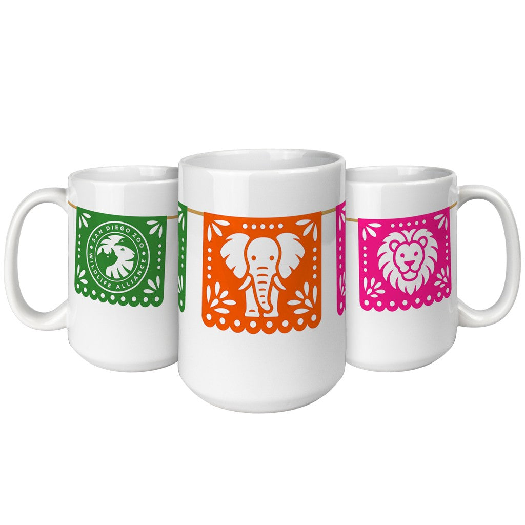 PAPEL PICADO ANIMAL FLAG CERAMIC 15 OUNCE MUG SDZWA LOGO SAN DIEGO ZOO WILDLIFE ALLIANCE
