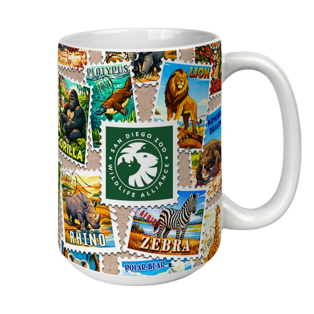 GLOSSY WHITE CERAMIC MUG COVERED IN WILD ANIMAL STAMPS SDZWA LOGO SAN DIEGO ZOO