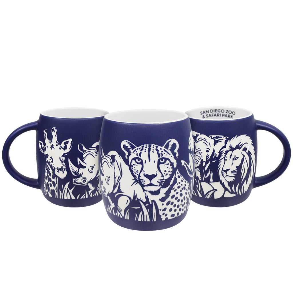 Fave 5 African Savanna Wildlife Etched Mug featuring a giraffe, rhino, cheetah, elephant, and lion.