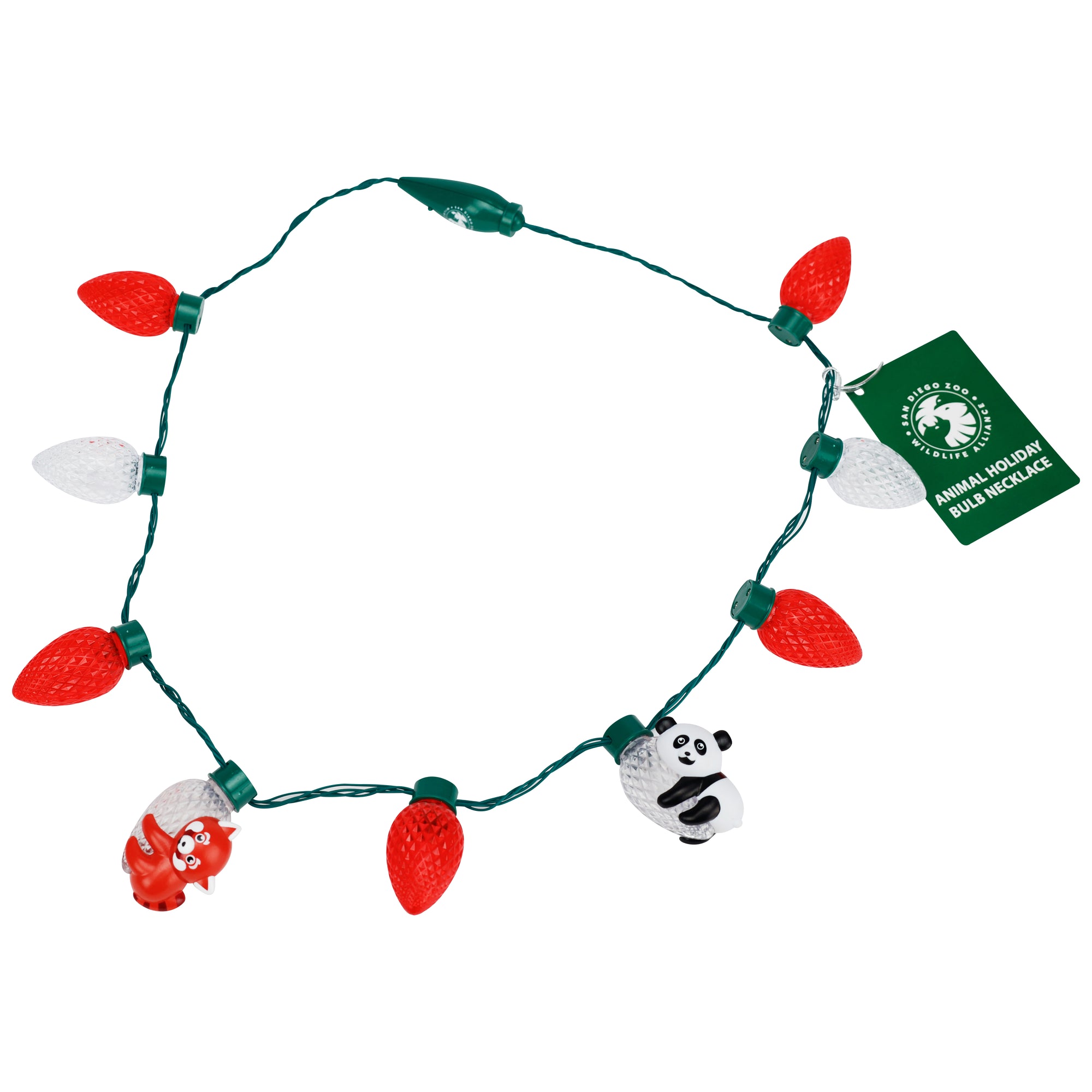 CHRISTMAS TREE BULB LIGHT UP NECKLACE WITH PANDA AND RED PANDA RED AND WHITE