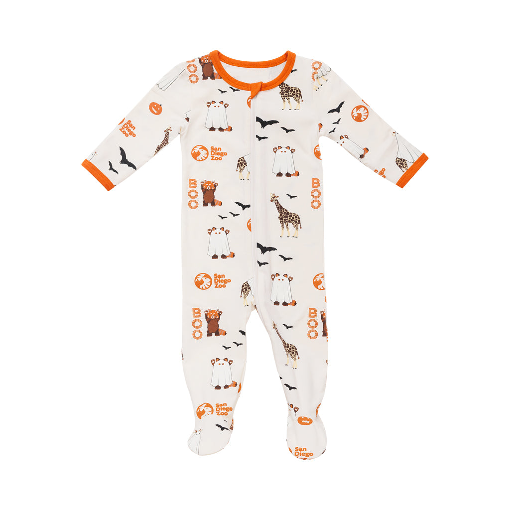 Baby onesie with Zoo animal print on a white background