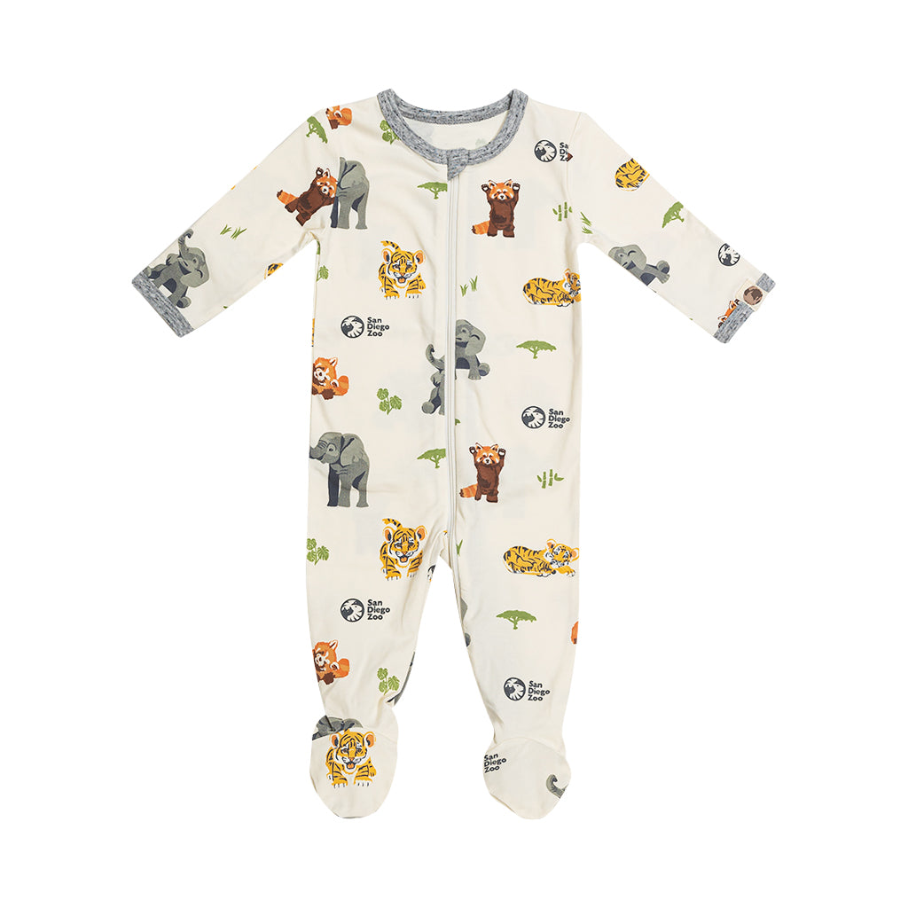 Baby onesie with wildlife-themed zoo animal print on a white background