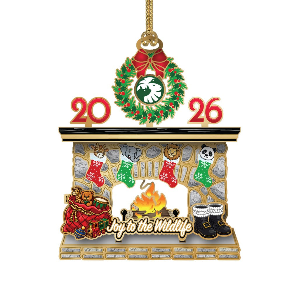 SAN DIEGO ZOO WILDLIFE ALLIANCE 2026 ANNUAL ORNAMENT FIREPLACE JOY TO THE WILDLIFE STOCKINGS GIRAFFE ELEPHANT LION PANDA SDZWA LOGO