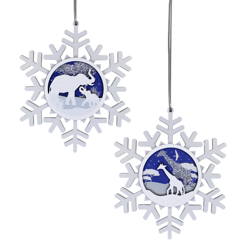 SAN DIEGO ZOO ELEPHANT AND CALF GIRAFFE AND CALF SNOWFLAKE ORNAMENT SET OF TWO