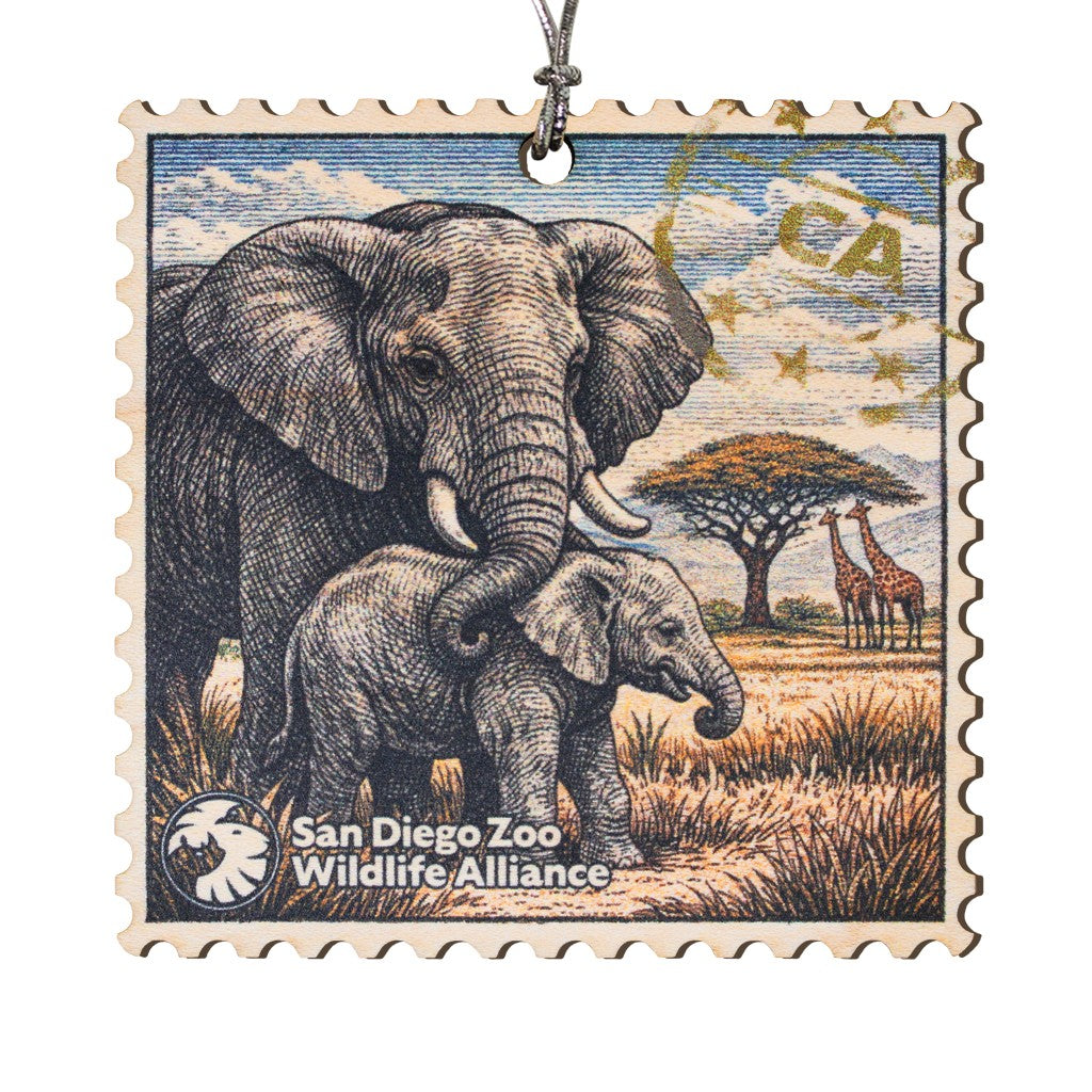 SDZWA WOODEN STAMP CHRISTMAS 
ORNAMENT WITH AFRICAN ELEPHANTS AND GIRAFFES