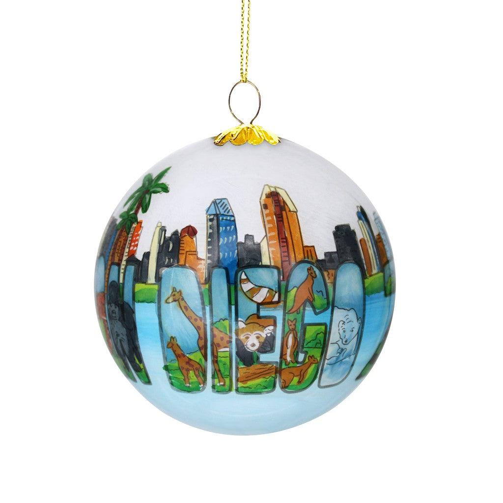 SAN DIEGO ZOO SKYLINE DESIGN HAND PAINTED GLASS CHRISTMAS ORNAMENT 
