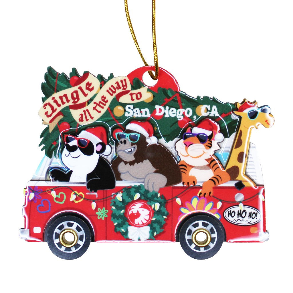 JINGLE ALL THE WAY TO SAN DIEGO ZOO ANIMAL VW BUS ORNAMENT SDZWA LOGO WOOD COMPOSITE AND ACRYLIC
