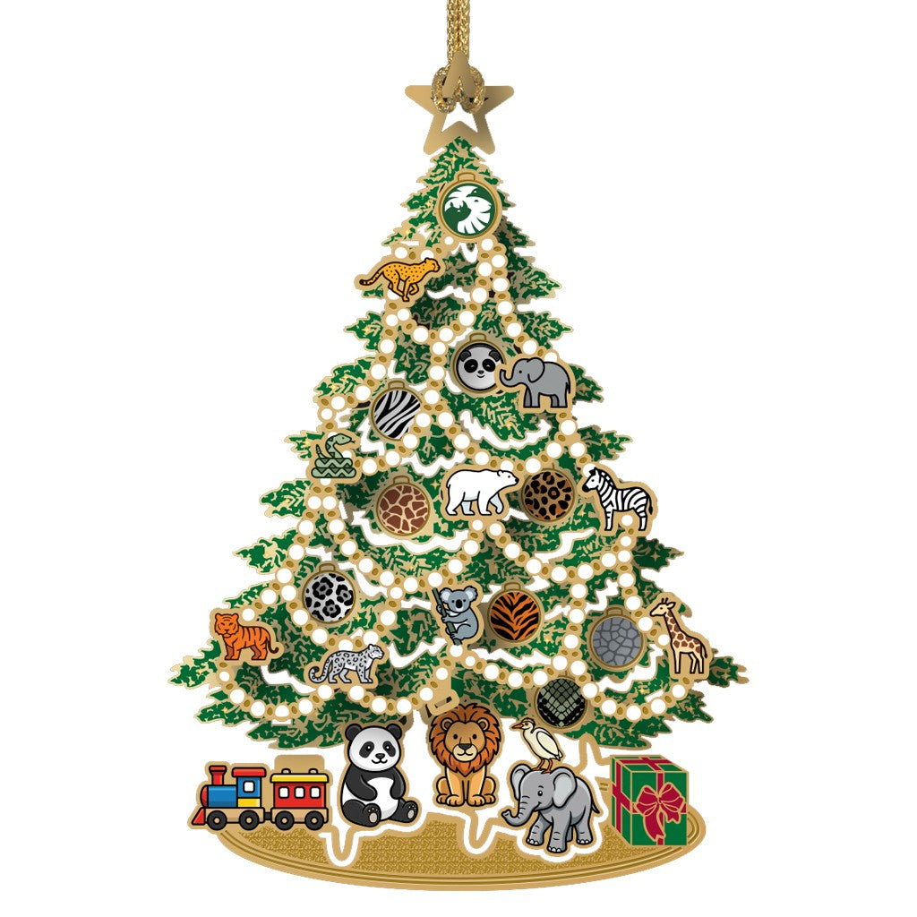 WILDLIFE CHRISTMAS TREE ORNAMENT WITH ZOO ANIMALS AND PRESENTS UNDER A GREEN AND GOLD CHRISTMAS TREE BOXED SDZWA LOGO EXCLUSIVE