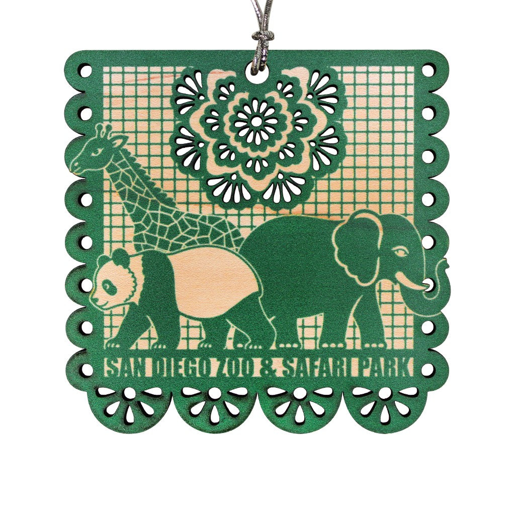 SQUARE PAPEL PICADO FLAG WOODEN ORNAMENT WITH GIRAFFE, PANDA AND ELEPHANT AND A SILVER CORD SAN DIEGO ZOO & SAFARI PARK