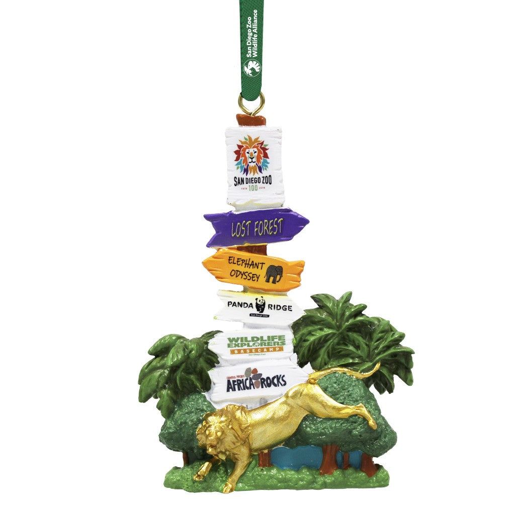SAN DIEGO ZOO SIGNPOST CHRISTMAS ORNAMENT HOLIDAY RESIN SDZWA GREEN RIBBON AND REXT LION
