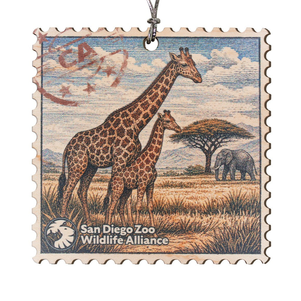 GIRAFFE WITH CALF WOODEN ORNAMENT STAMP DESIGN SAN DIEGO ZOO WILDLIFE ALLIANCE CHRISTMAS TREE DECORATION