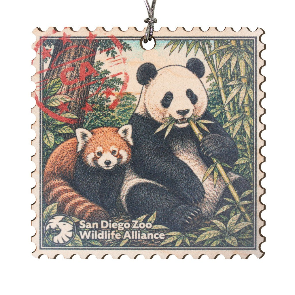 RED PANDA AND GIANT PANDA STAMP DESIGN WOODEN CHRISTMAS ORNAMENT SAN DIEGO ZOO WILDLIFE ALLIANCE