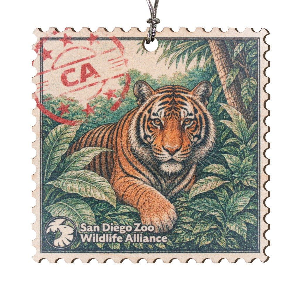 TIGER STAMP CHRISTMAS ORNAMENT SAN DIEGO ZOO WILDLIFE ALLIANCE WOODEN ORNAMENT