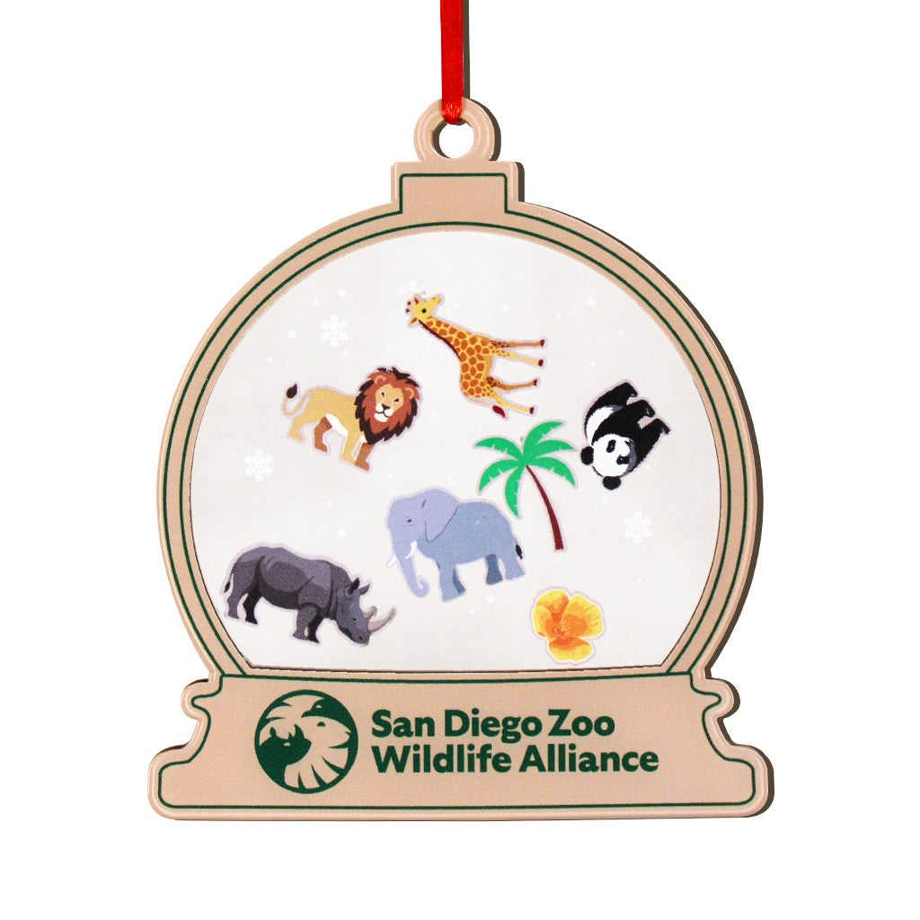 SDZWA FLAT SNOW GLOBE SHAPED ORNAMENT WITH RHINO, LION, GIRAFFE, ELEPHANT, PANDA, PALM TREE AND CALIFORNIA POPPY CHARMS FLOATING INSIDE WOODEN ORNAMENT SAN DIEGO ZOO WILDLIFE ALLIANCE