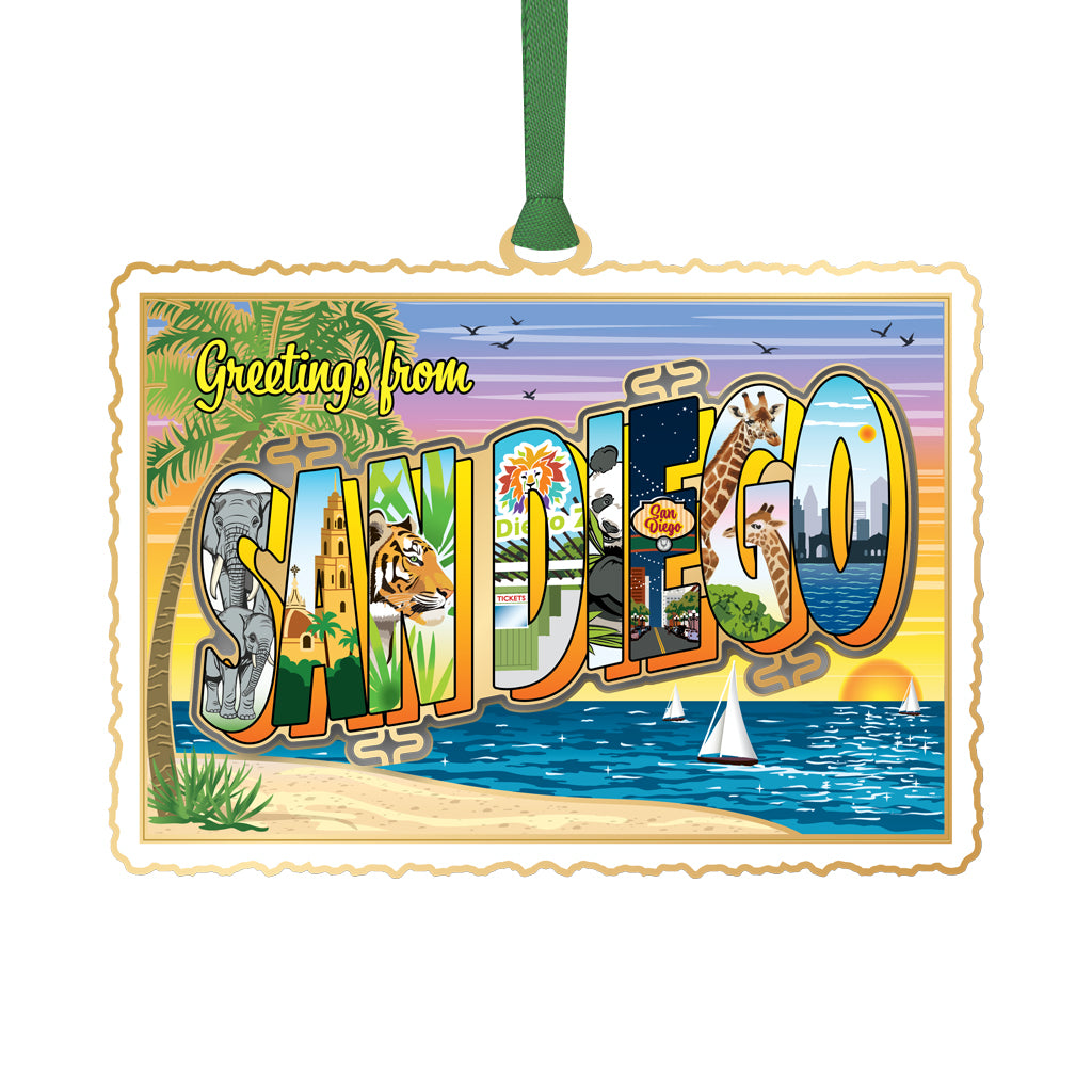 GREETINGS FROM SAN DIEGO POSTCARD METAL CHRISTMAS ORNAMENT