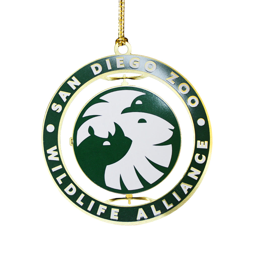CHRISTMAS ORNAMENT SAN DIEGO ZOO WILDLIFE ALLIANCE LOGO GOLD GREEN SPINNING 