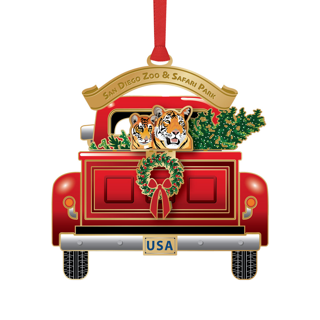 ETCHED BRASS VINTAGE RED TRUCK WITH TIGERS CHRISTMAS TREE AND WREATH
