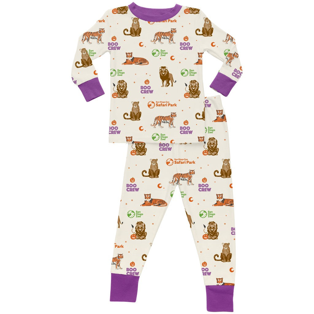 BOO CREW CATS KIDS YOUTH 2-PIECE HALLOWEEN PAJAMAS  SET SAN DIEGO ZOO SAFARI PARK TIGER LION CHEETAH PUMPKINS