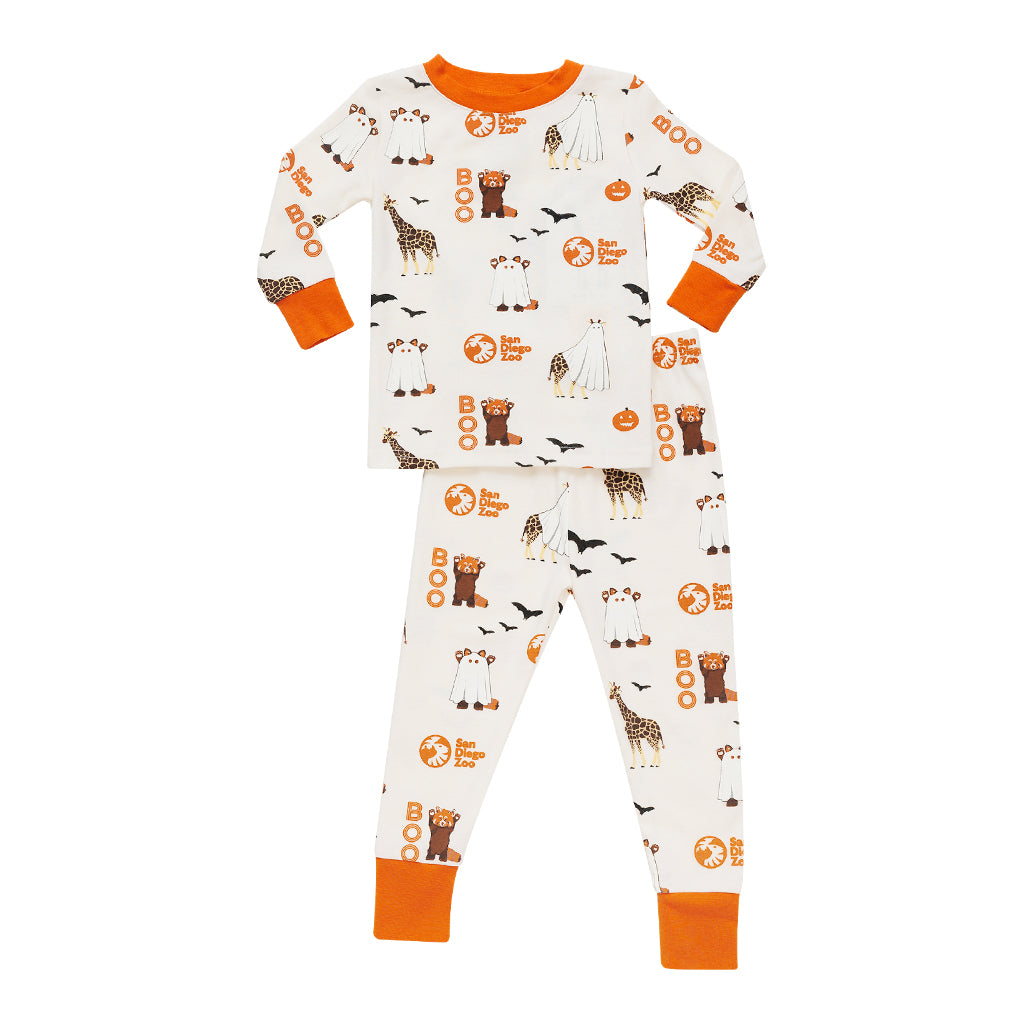 Children's toddler pajama set with Halloween-themed zoo animal design on a white background