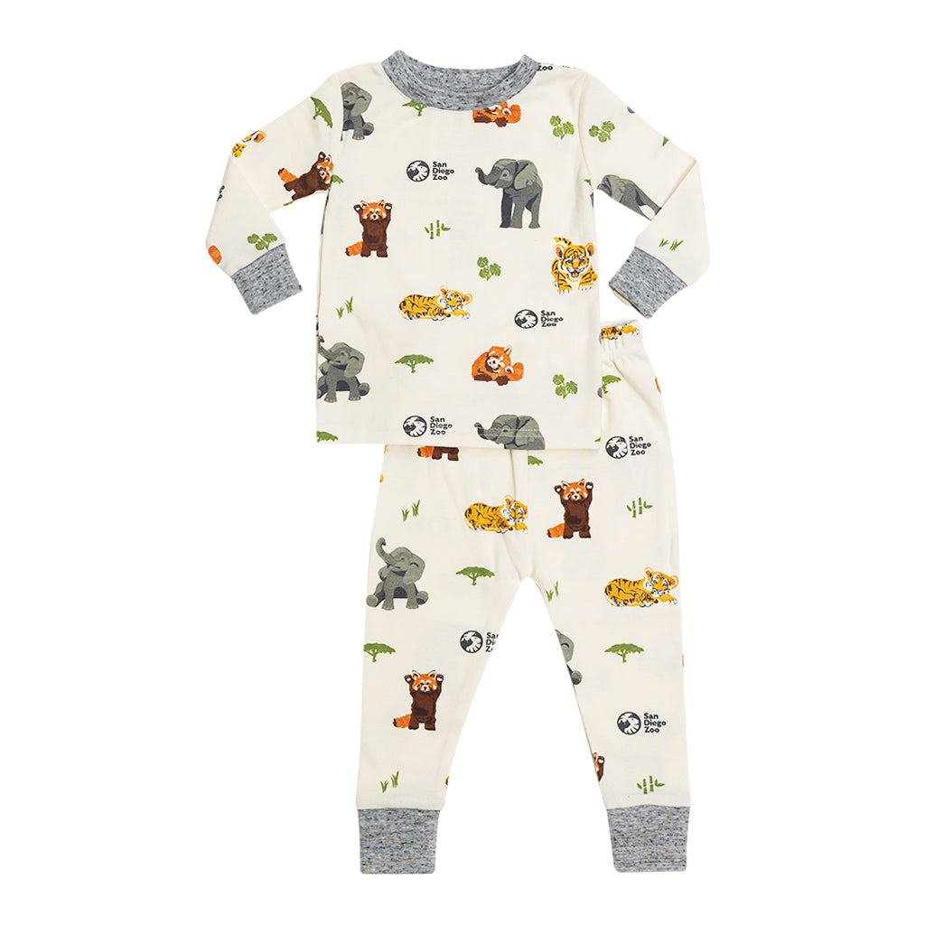 Children&#39;s toddler pajama set with wildlife-themed zoo animal design on a white background