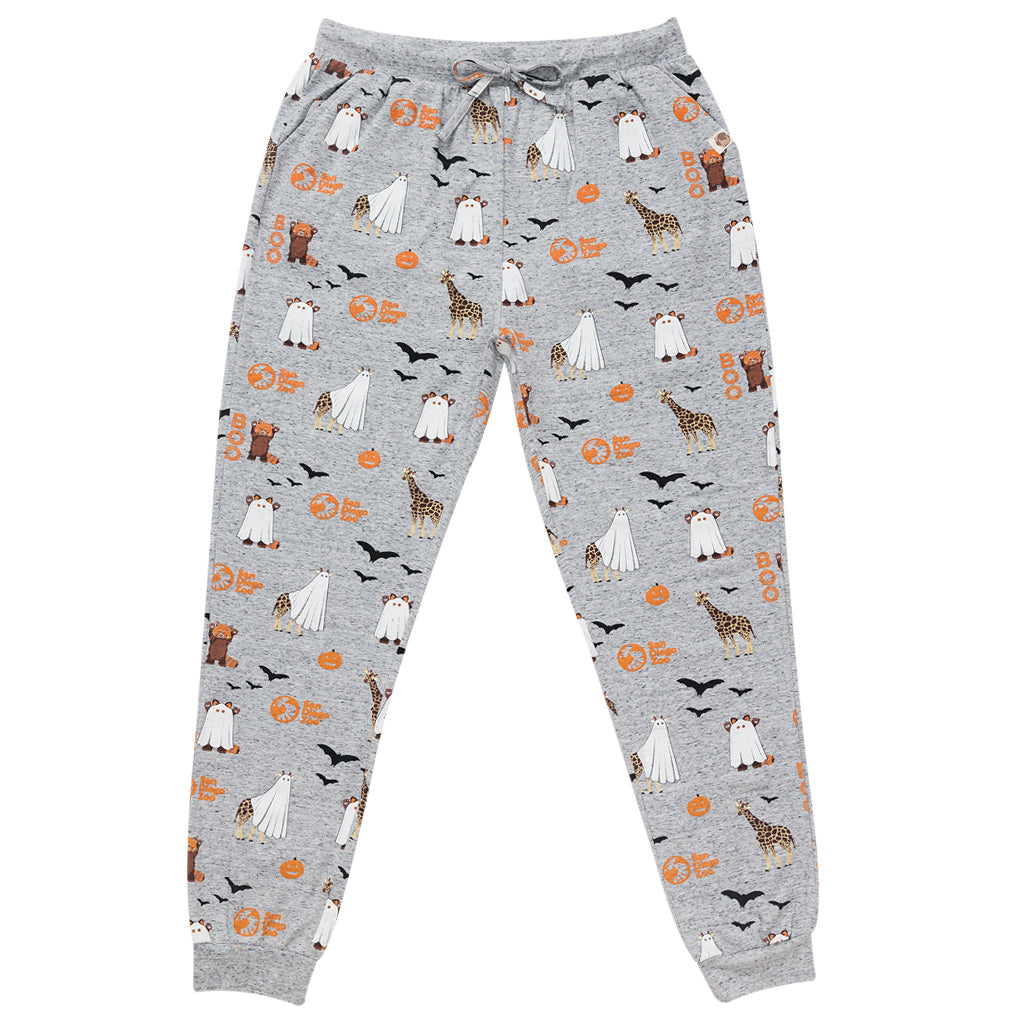 Gray pajama pants with Halloween animal pattern on a white background