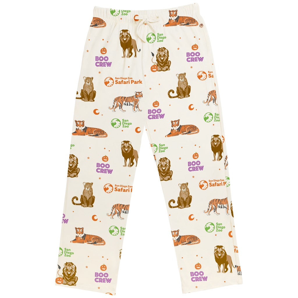 BOO CREW BIG CATS MENS UNISEX DRAWSTRING PAJAMA PANTS HALLOWEEN TIGERS LIONS CHEETAHS SAN DIEGO ZOO SAFARI PARK
