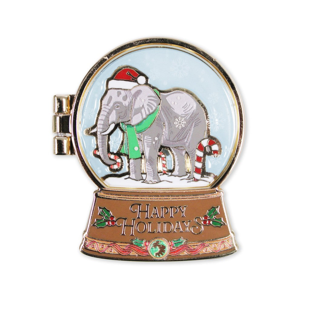 ELEPHANT SNOW GLOBE HINGED TRADING PIN HAPPY HOLIDAYS 2026 SDZWA LOGO