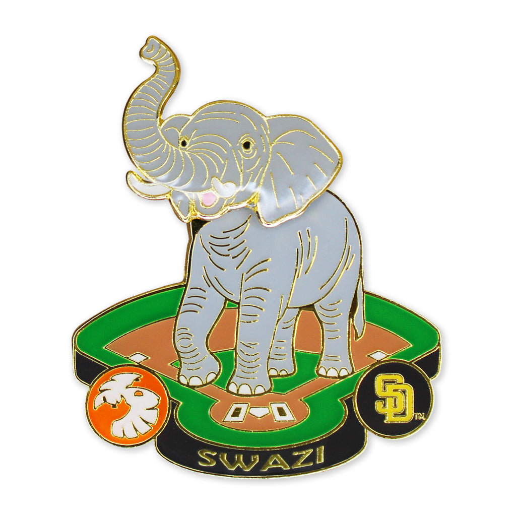 SAN DIEGO ZOO WILDLIFE ALLIANCE AND SAN DIEGO PADRES COLLABORATION BOBBLE HEAD TRADING PIN SWAZI THE AFRICAN ELEPHANT AT ELEPHANT VALLEY SAN DIEGO ZOO SAFARI PARK
