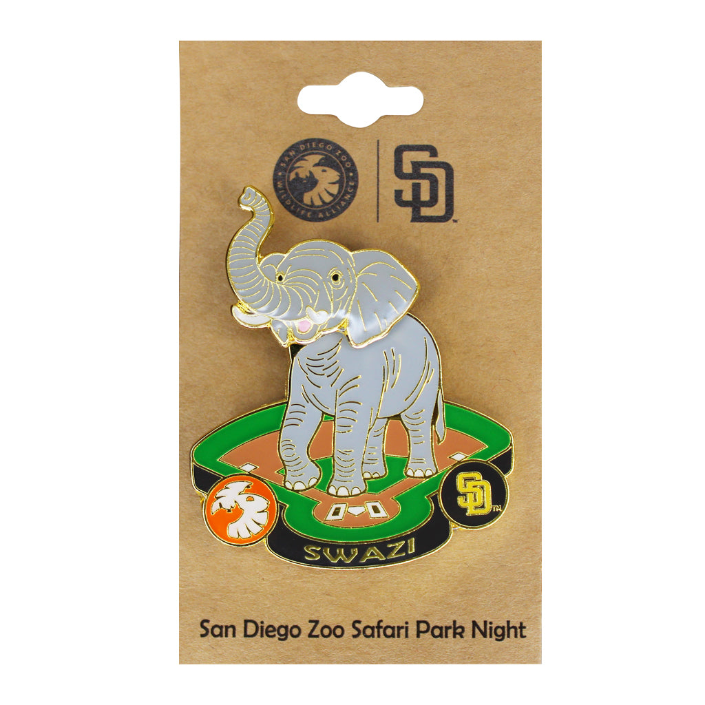 SAN DIEGO ZOO WILDLIFE ALLIANCE AND SAN DIEGO PADRES COLLABORATION BOBBLE HEAD TRADING PIN SWAZI THE AFRICAN ELEPHANT AT ELEPHANT VALLEY SAN DIEGO ZOO SAFARI PARK