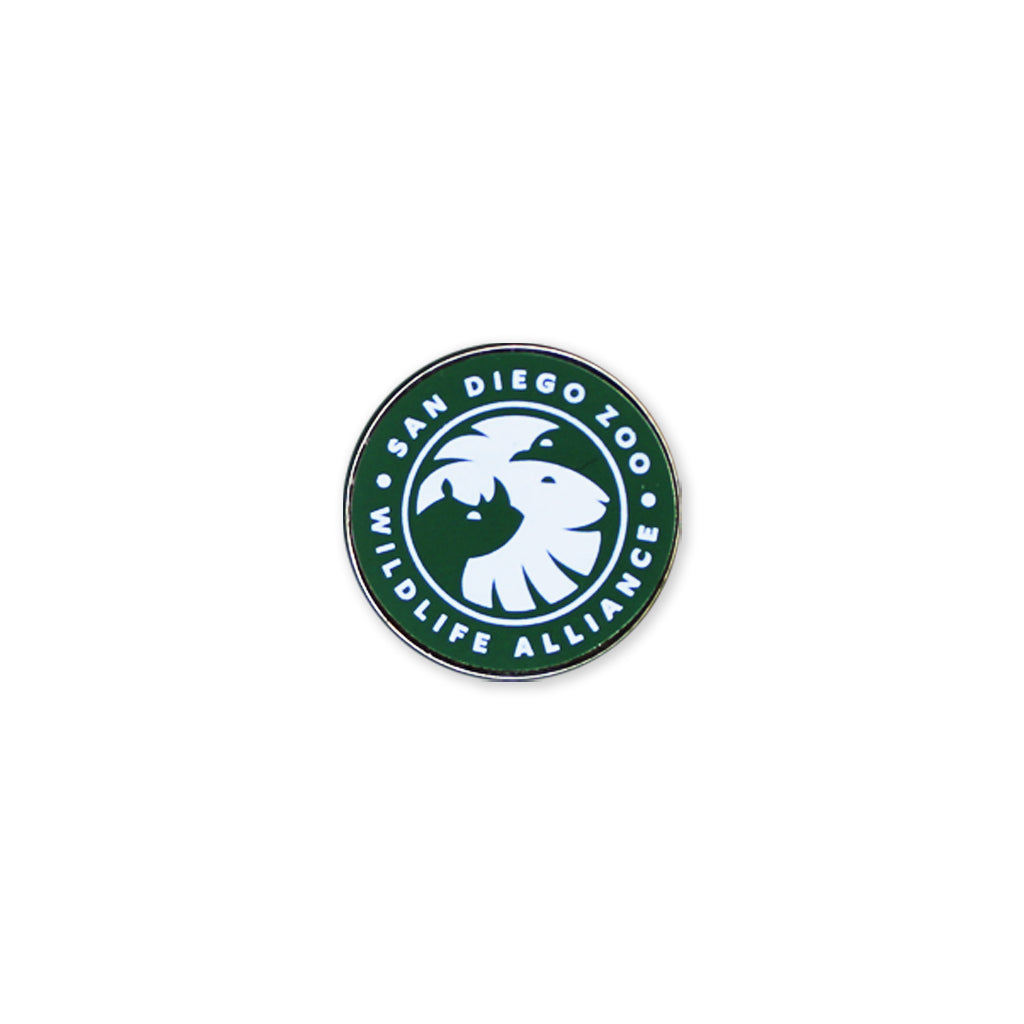 Close-up image of green enamel pin with San Diego Zoo Wildlife Alliance logo