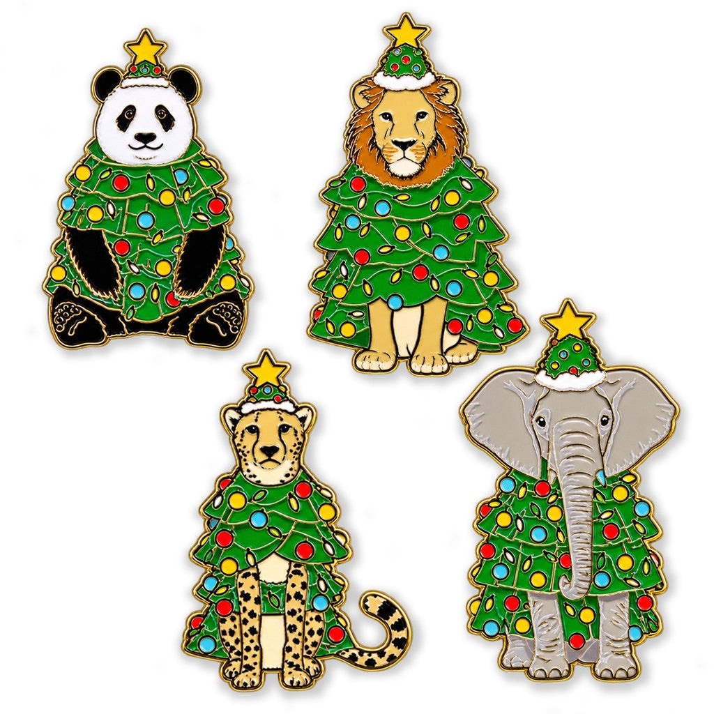Four Christmas-themed animal enamel pins: a panda, a lion, a cheetah, and an elephant, each wearing a decorated Christmas tree and a star-topped hat. San Diego Zoo Wildlife Alliance