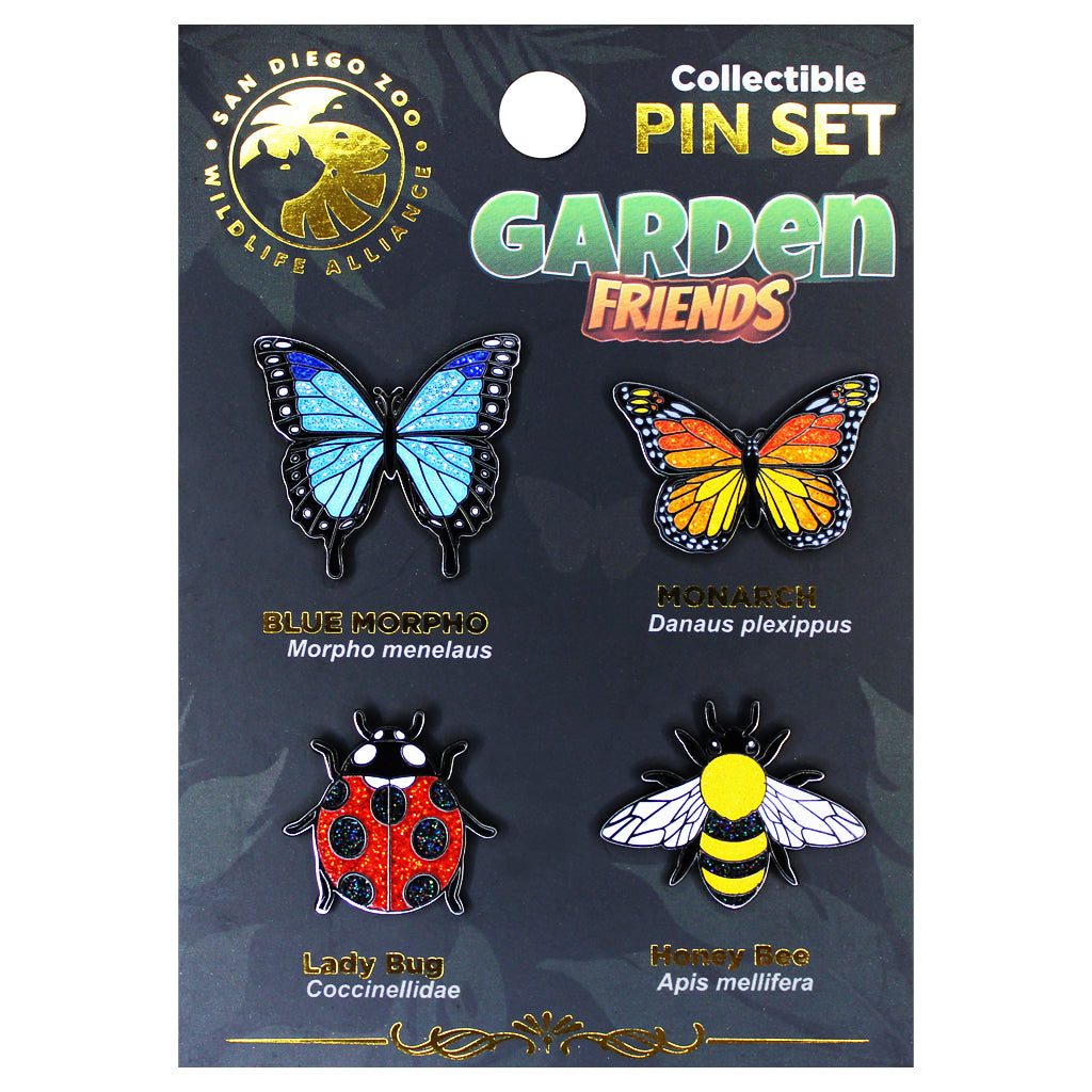 Collectible pin set with butterfly, ladybug, and bee pins on a San Diego Zoo Wildlife Alliance card.