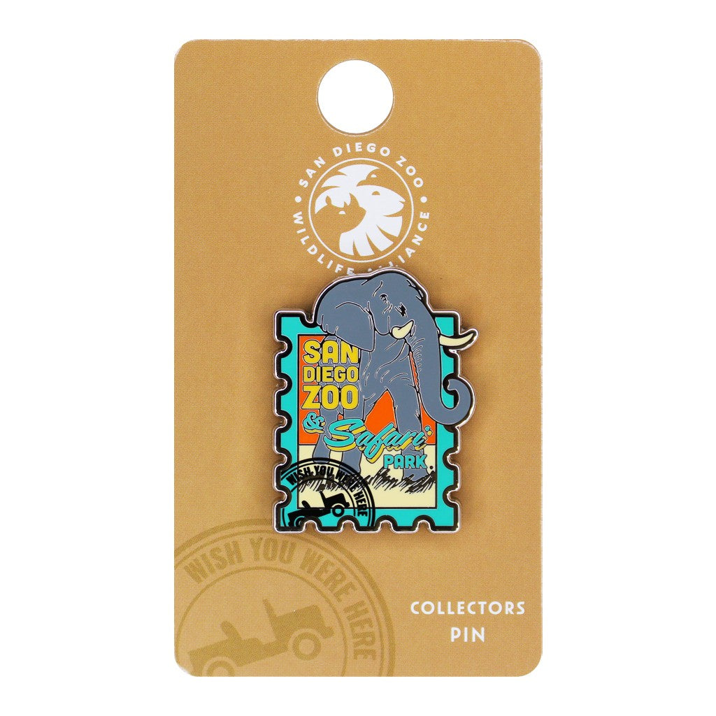 SAN DIEGO ZOO WILDLIFE ALLIANCE ELEPHANT STAMP WISH YOU WERE HERE TRADING PIN ENAMEL SOUVENIR COLLECTOR'S PIN