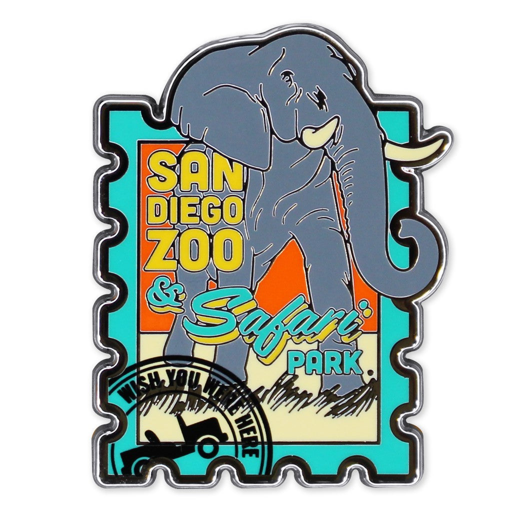 SAN DIEGO ZOO WILDLIFE ALLIANCE ELEPHANT STAMP WISH YOU WERE HERE TRADING PIN ENAMEL SOUVENIR COLLECTOR'S PIN