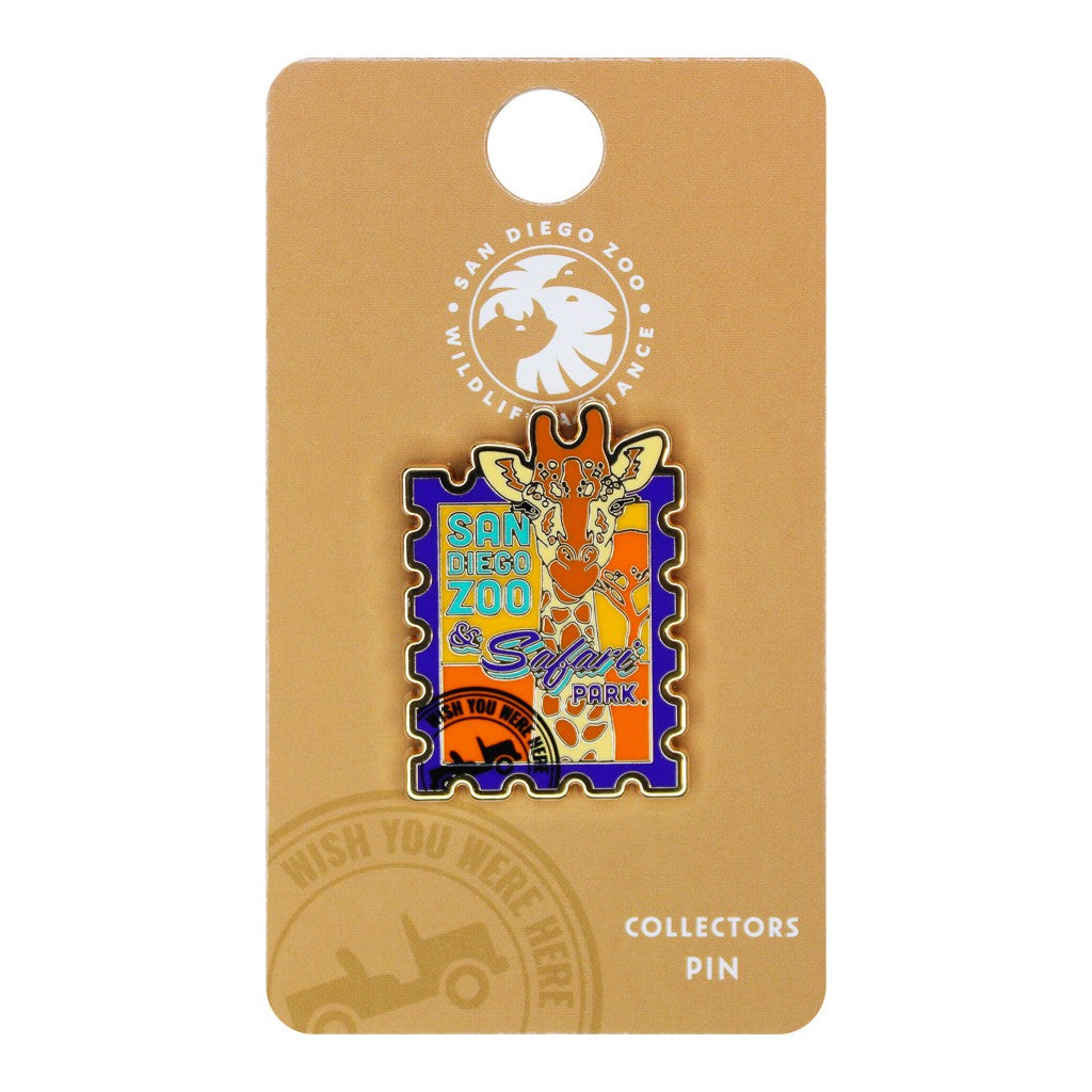 SAN DIEGO ZOO WILDLIFE ALLIANCE GIRAFFE STAMP WISH YOU WERE HERE TRADING PIN ENAMEL SOUVENIR COLLECTOR'S PIN